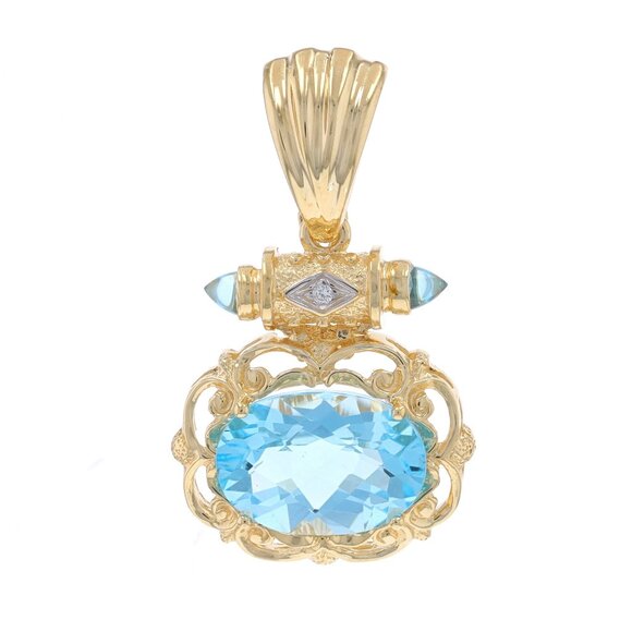 Jewelry - Yellow Gold Blue Topaz & Diamond Enhancer Pendant 14k Oval Checkerboard 9.15ctw